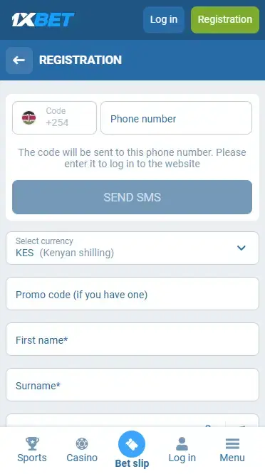 Registration Form in 1xBet Mobile App