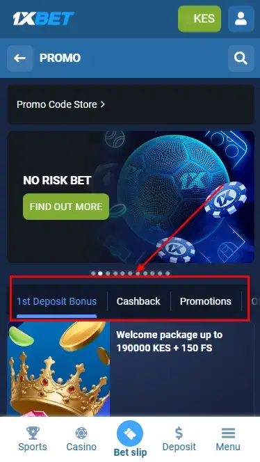 1xBet - Bonuses Page In App iOS Kenya