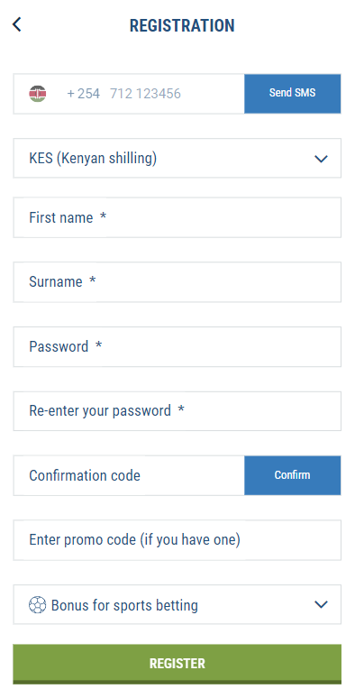 Registration form in 1xBet mobile version or app