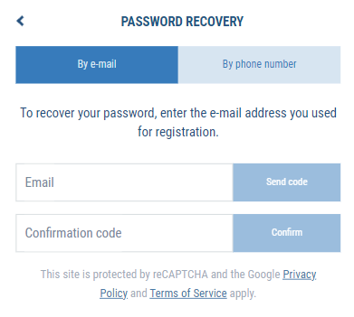 1xBet password recovery form