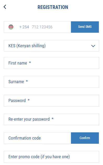 Registartion form 1xBet