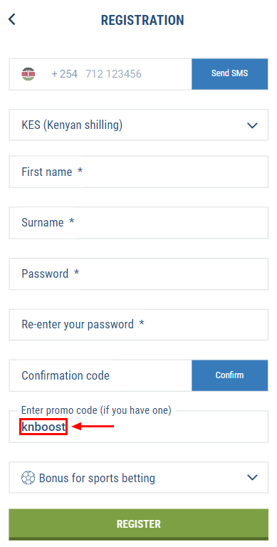 Applying a promo code in 1xBet registration