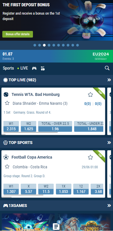 Mobile version of 1xBet