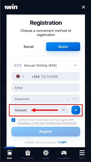1win Promo Code in Registration Form