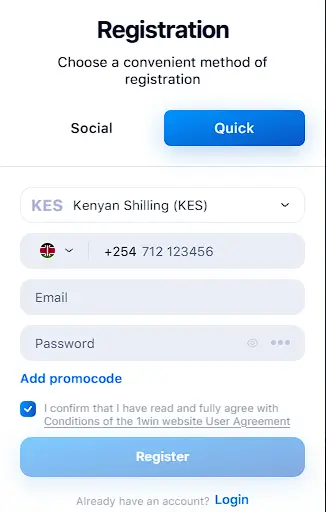 1win App Registration Form