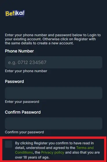 Betika Android App Submit Registration Button