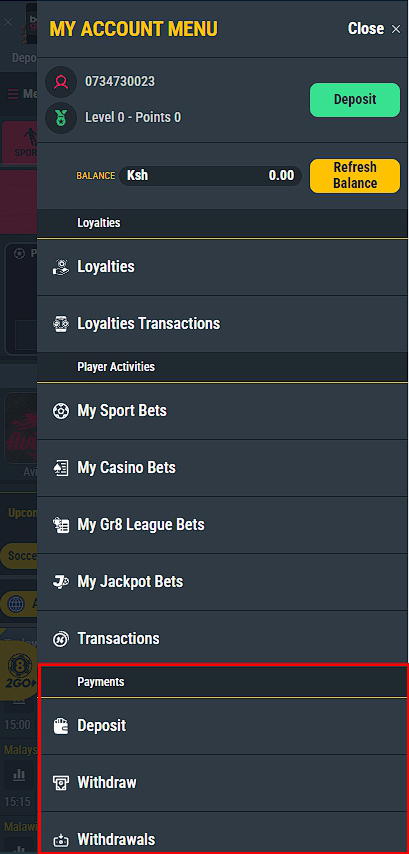 betgr8 payments menu