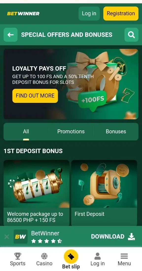 Betwinner in-app bonuses