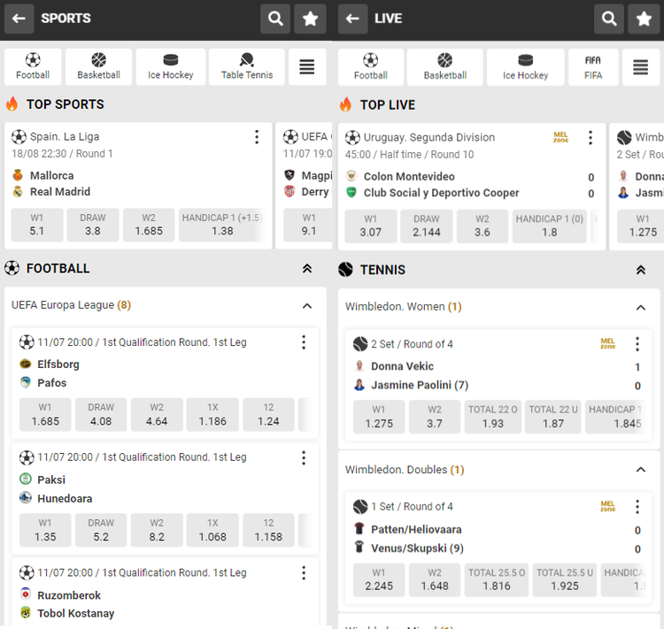 Sport in the Melbet app on Android