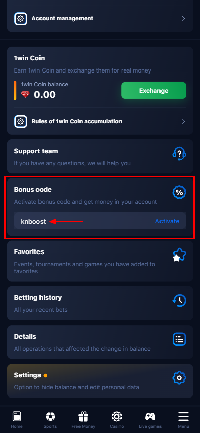 Bonus code activation on the bookmaker's website