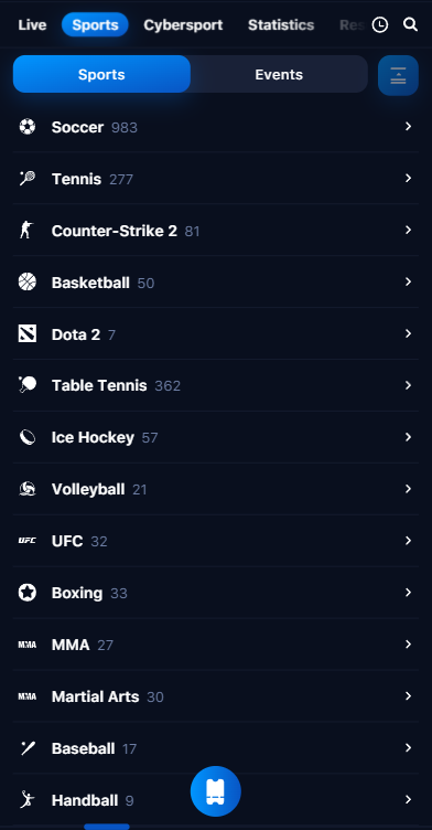 Sports in the app on iOS