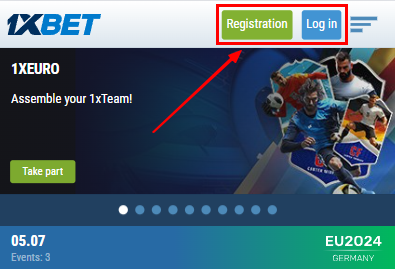 1xBet registration and login buttons