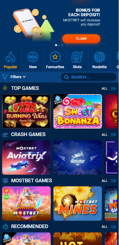 Mostbet casino in the app on Android