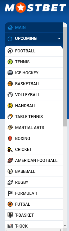 The left menu on the Mostbet website