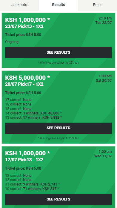 “Results” page in the jackpot section