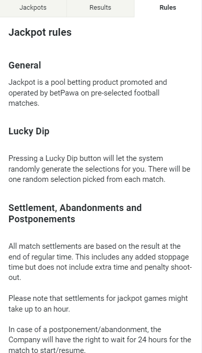 “Rules” page in the jackpot section 