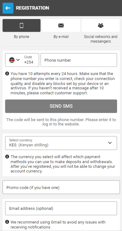 Registration on the bookmaker's website