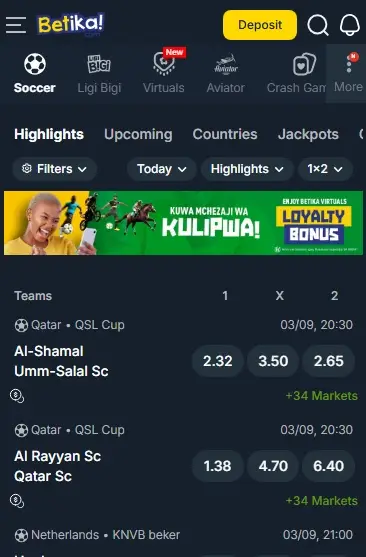 Place a bet on Betika Eligible Markets