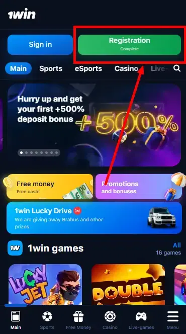 1win iOS Kenya - Registration Button