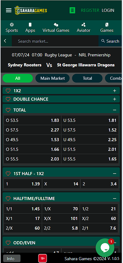 Rugby match betting on the mobile version of the Sahara Games website