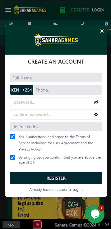 Sahara Games registration page on phone