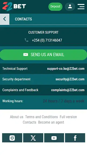 support team in the 22bet mobile app