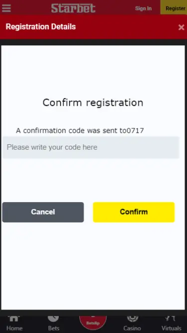 Registration on StarBet confirmation code