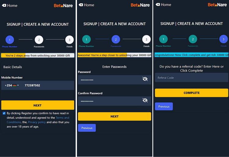 BetNare registration pages