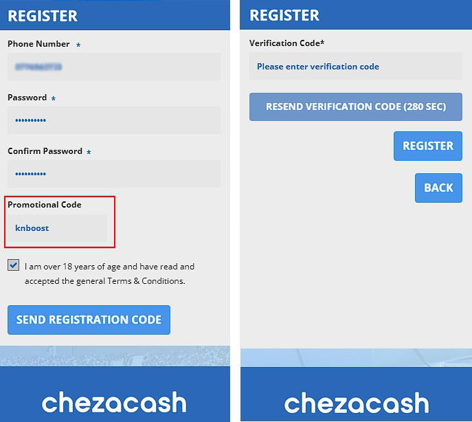 Chezacash registration page