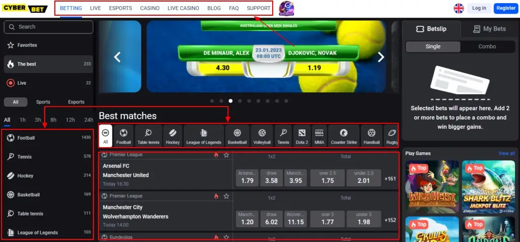 Cyber.bet desktop sports page