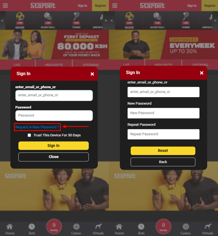 Password recovery on StarBet