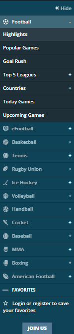 The left menu on the SportPesa website