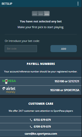 The right menu on the SportPesa website