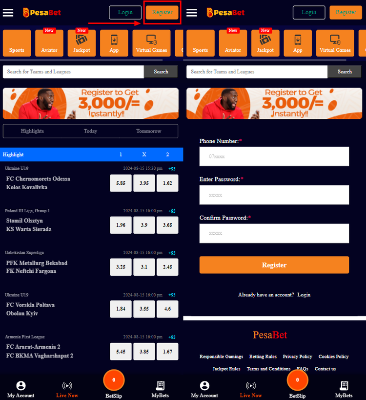 Registration on the bookmaker's website