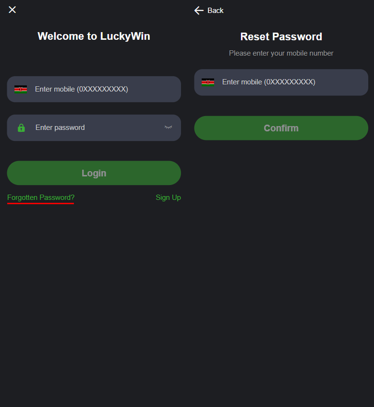 LuckyWin password recovery