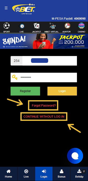 Inbet login page