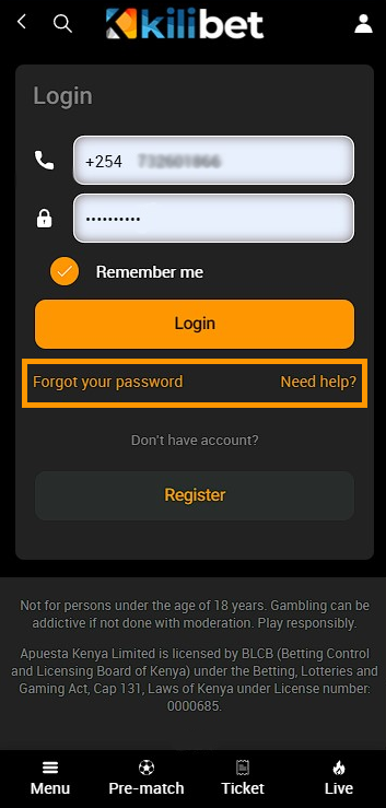 Kilibet login form