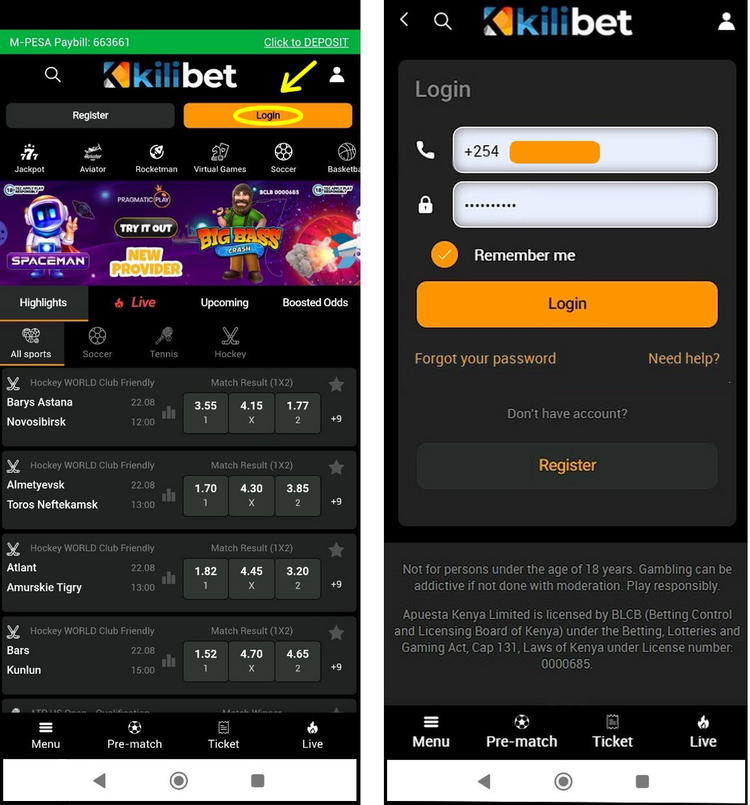 KiliBet  login page