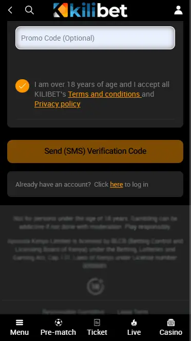 The registration form on Kilibet