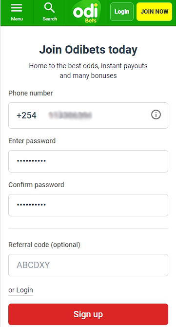 Odibet registration page
