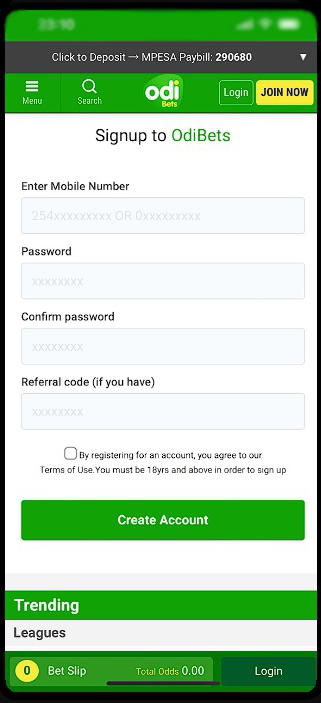 OdiBets sign up IPhone