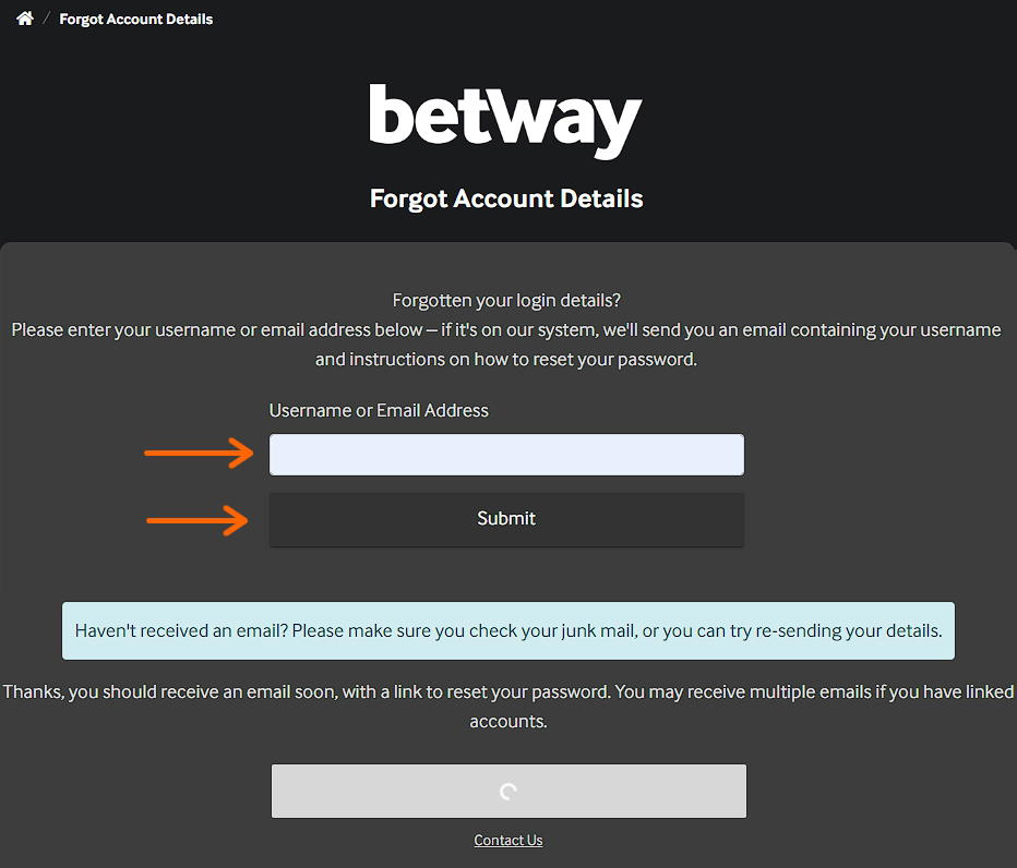 Betway password recovery page