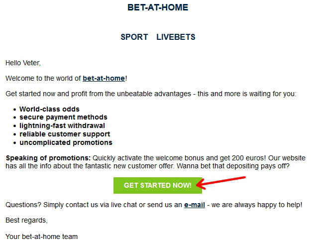 Bet at home email with the link to activation