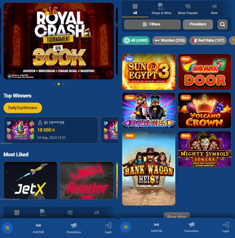 Casino section in the mobile app