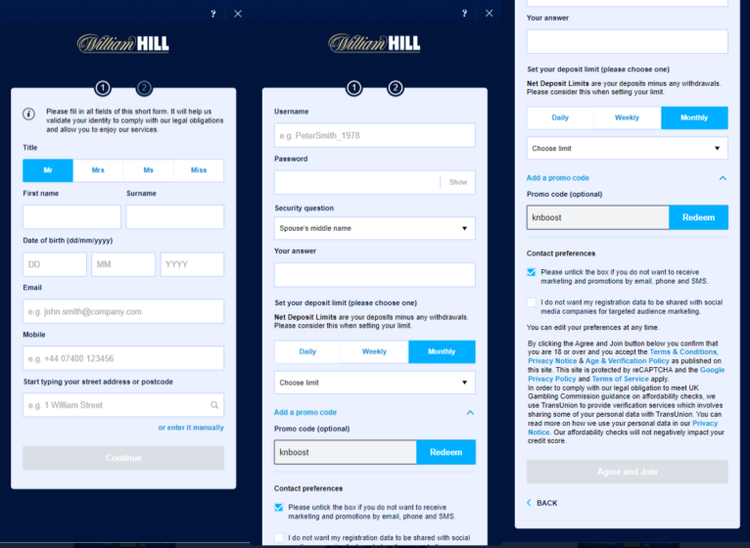 Registration in the William Hill's mobile application