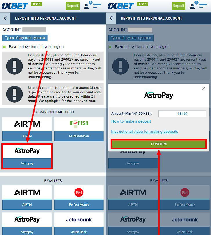 Deposit with AstroPay at 1xbet