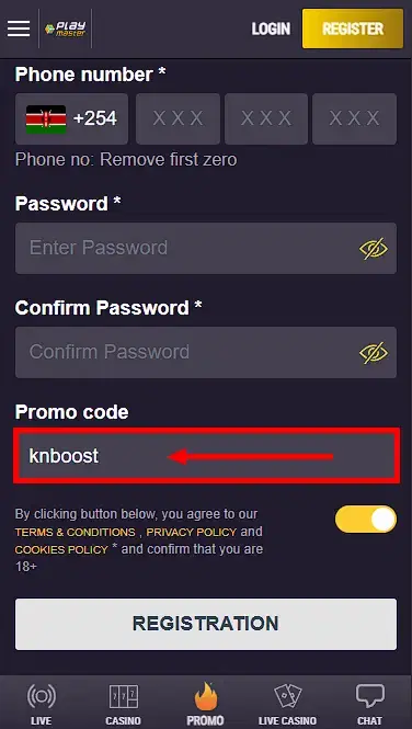 playmaster promo code field