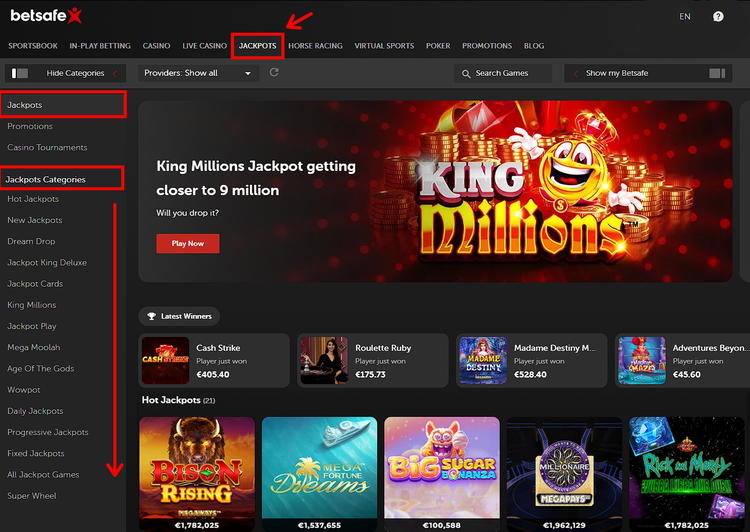 Betsafe jackpots menu
