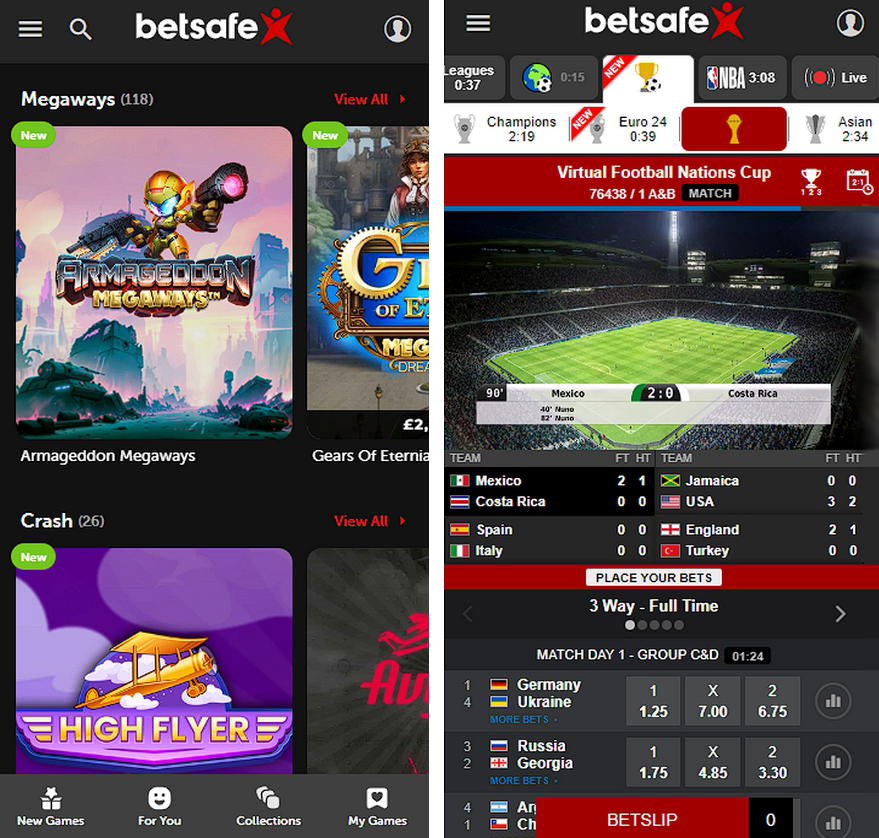 Betsafe casino and virtual sport tabs