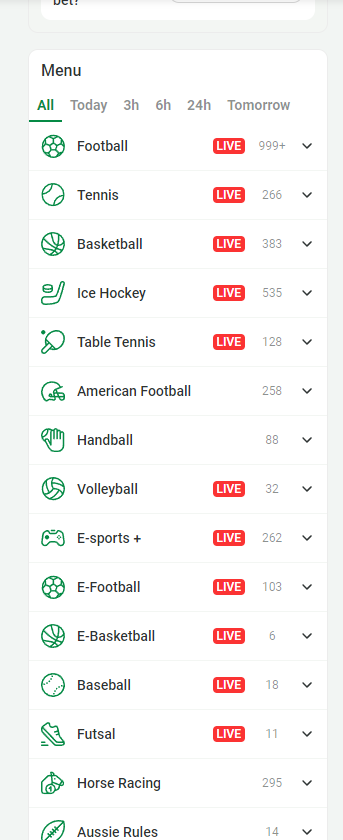 Sports menu for match selection